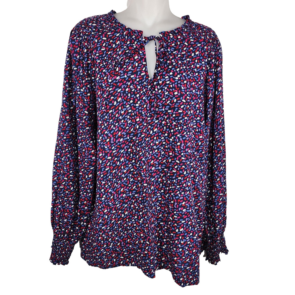 Talbots Womens Confetti Dot Pullover Blouse L Tie Ruffle Neck Smocking Colorful